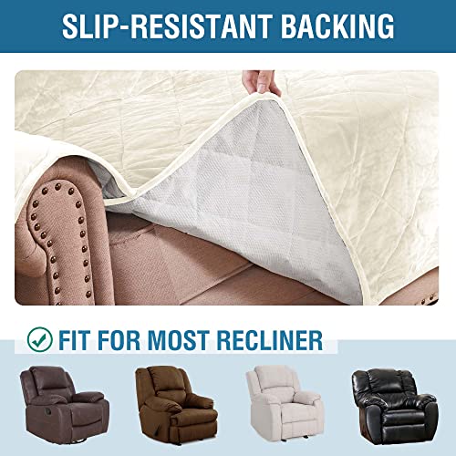 Thick Velvet Quilted Recliner Covers for Recliner Chair Covers Reclining Chair Slipcover Recliner Couch Cover with Non Slip Backing and Wider Elastic Strap (Checked - 91" x 82"- Ivory)