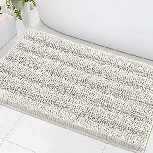 Bath Mats for Bathroom Non Slip Extra Thick Chenille Striped Bath Rug 24" x 36" Absorbent Non Skid Fluffy Soft Shaggy Rugs Washable Dry Fast Plush Mats for Indoor, Bath Room, Tub - Cream