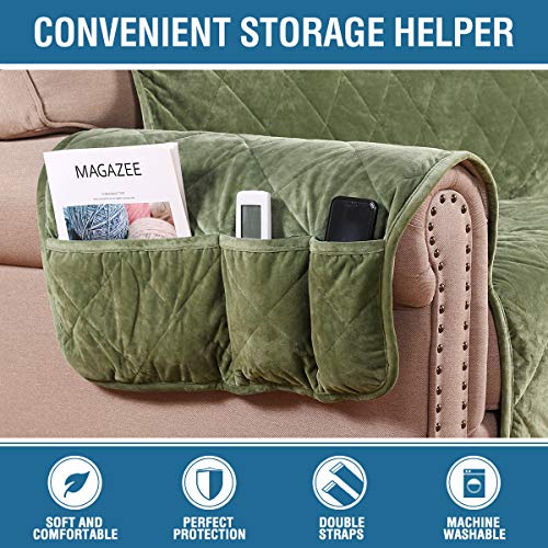 Thick Velvet Quilted Recliner Covers for Recliner Chair Covers Reclining Chair Slipcover Recliner Couch Cover with Non Slip Backing and Wider Elastic Strap (Checked - 79" x 68"- Loden)