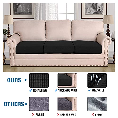 H.VERSAILTEX Super Stretch Individual Seat Cushion Covers Sofa Covers Couch Cushion Covers Slipcovers Featuring Thick Jacquard Textured Twill Fabric (3 Piece XL Sofa Cushion Covers, Black)