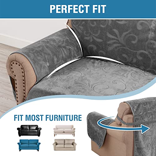Sofa Slipcover 100% Waterproof Sofa Cover Couch Cover Premium Velvet Classic Flower Pattern Furniture Protector Non Slip with Elastic Straps for Pets Dogs Width Up to 52 Inch (Medium Sofa, Grey)