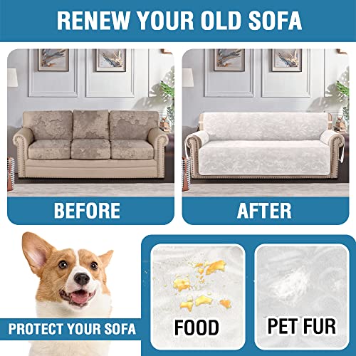 Sofa Slipcover 100% Waterproof Sofa Cover Couch Cover Premium Velvet Classic Flower Pattern Furniture Protector Non Slip with Elastic Straps for Pets Dogs Width Up to 72 Inch (Large Sofa, Ivory)