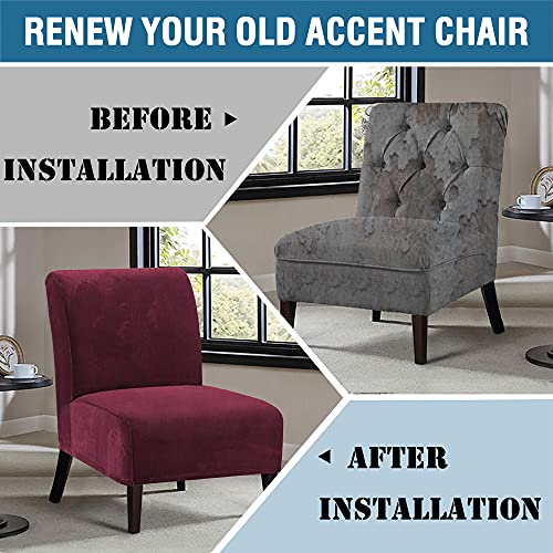 Armless Chair Slipcover Thick Striped Velvet Accent Chair Cover for Living Room High Stretch Slipper Chair Slipcover Removable Furniture Protector with Elastic Bottom, Machine Washable, Burgundy