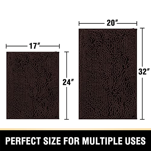 Bathroom Rugs Bath Mats for Bathroom Non Slip Luxury Chenille Bathroom Rugs Extra Soft Absorbent Shaggy Bathroom Mat Rugs Washable Fast Dry Bathroom Rugs Sets 2 Piece (Chocolate, 20" x 32"/17" x 24")