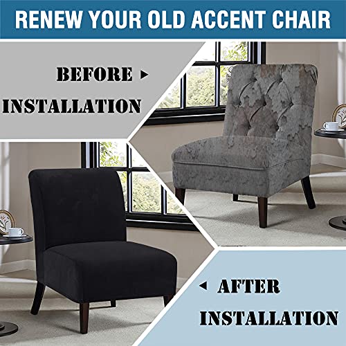 Armless Chair Slipcover Thick Striped Velvet Accent Chair Cover for Living Room High Stretch Slipper Chair Slipcover Removable Furniture Protector with Elastic Bottom, Machine Washable, Black