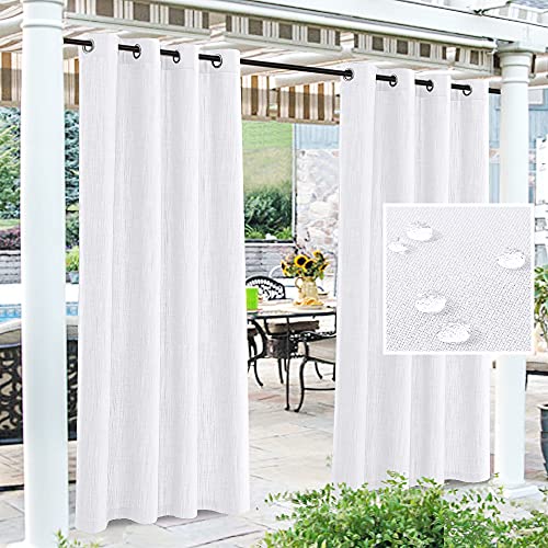 White Outdoor Curtain for Patio Waterproof Linen Look Heavy Duty Indoor/Outdoor Solid Rustproof Grommet Curtain Thermal Insulated Sunlight Block Drape for Gazebo/Porch, 52”W X 84”L,1 Panel