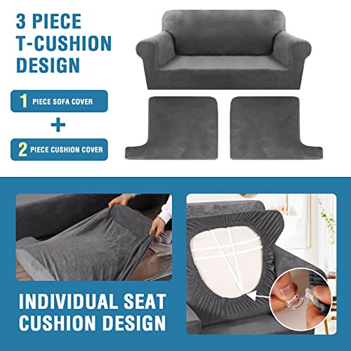 Sofa Cover 3 Piece T Cushion Sofa Slipcovers Thick Velvet Couch Cover Furniture Protector Stretch T Cushion Sofa Covers for 2 Cushion Couch with 2 Individual T Cushion Covers Washable, Grey
