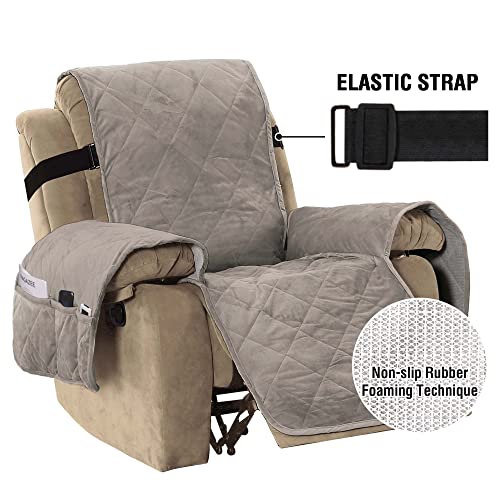 Thick Velvet Quilted Recliner Covers for Recliner Chair Covers Reclining Chair Slipcover Recliner Couch Cover with Non Slip Backing and Wider Elastic Strap (Checked - 79" x 68"- Taupe)