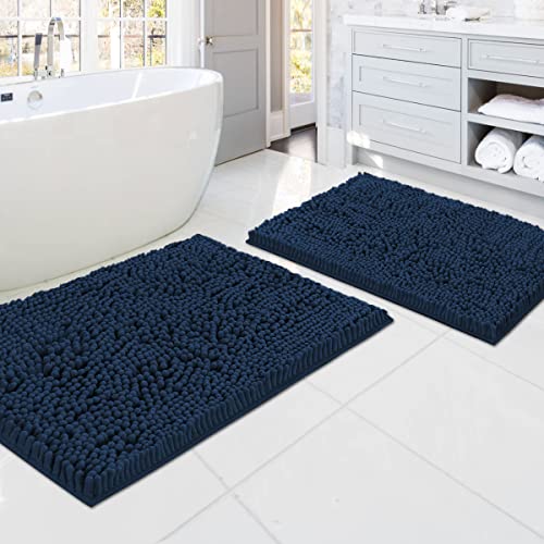 Bathroom Rugs Bath Mats for Bathroom Non Slip Luxury Chenille Bathroom Rugs Extra Soft Absorbent Shaggy Bathroom Mat Rugs Washable Fast Dry Bathroom Rugs Sets 2 Piece (Navy, 20" x 32"/17" x 24")