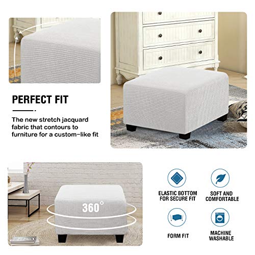 Square Ottoman Covers Ottoman Slipcovers Folding Storage Stool Furniture Protector Form Fit with Elastic Bottom, Stretch High Spandex Small Checks Jacquard Fabric(Medium,Off White)