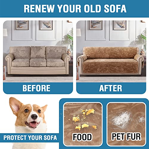 Sofa Slipcover 100% Waterproof Sofa Cover Couch Cover Premium Velvet Classic Flower Pattern Furniture Protector Non Slip with Elastic Straps for Pets Dogs Width Up to 72 Inch (Large Sofa, Camel)