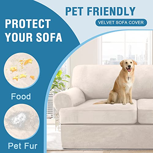 Sofa Cover 4 Piece T Cushion Sofa Slipcovers Thick Velvet Couch Cover Furniture Protector Stretch T Cushion Sofa Covers for 3 Cushion Couch with 3 Individual T Cushion Covers Washable, Ivory