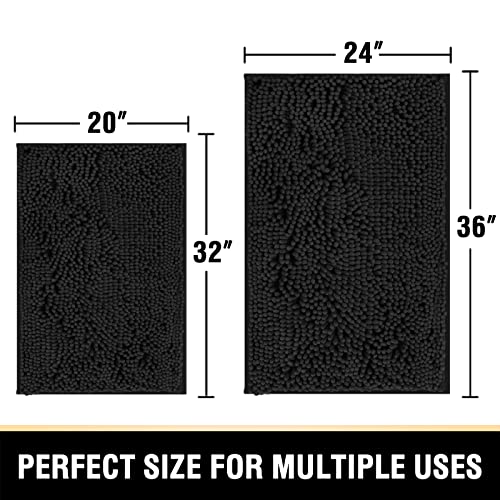 Bathroom Rugs Bath Mats for Bathroom Non Slip Luxury Chenille Bathroom Rugs Extra Soft Absorbent Shaggy Bathroom Mat Rugs Washable Fast Dry Bathroom Rugs Sets 2 Piece (Black, 24" x 36"/20" x 32")