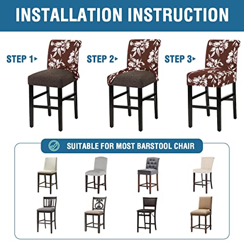 H.VERSAILTEX Stretch Bar Stool Cover Set of 6 Pub Counter Stool Chair Slipcover for Dining Room Cafe Height Side Chairs Feature Modern Floral Printed Design, Chocolate