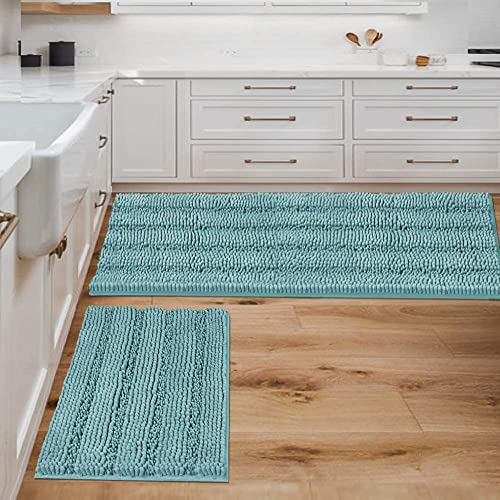 2 Piece Bathroom Set Bathroom Rugs Bath Mats Sets Super Absorbent Chenille Striped Bath Mats Non Skid Machine Wash Dry Rugs for Bathroom Floor(Aqua Haze, 47 x 17 Plus 17 x 24 - Inches)