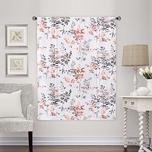 Blackout Tie Up Curtain - Thermal Insulated Balloon Curtain for Small Window Adjustable Kitchen Tie Up Curtain (Floral Pattern in Grey and Coral, Rod Pocket Panel, 42 inches W x 63 inches L)