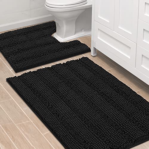 PrimeBeau Bathroom Rugs Bath Rug Set 3 Piece Bathroom Contour Rug Toilet Mat Sets Non Slip Contour Bath Rug Ultra Thick Water Absorbent Striped Bath Mats Washable