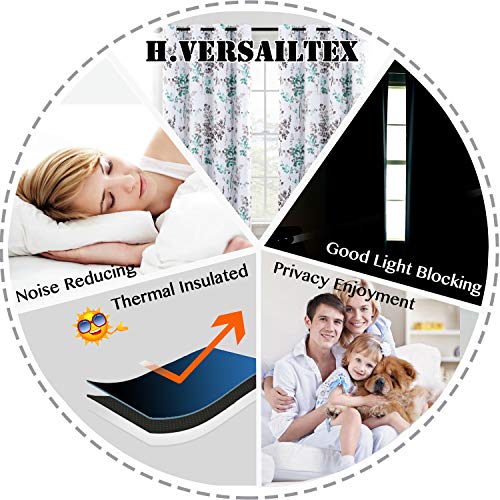 H.VERSAILTEX Blackout Curtains for Living Room Darkening Thermal Insulated Panels 45 Inch Long Light Blocking Gromment Curtains/Drapes, Grey and Turquoise Vintage Classical Floral Printing, 2 Panels