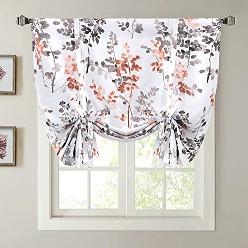 Blackout Tie Up Curtain - Thermal Insulated Balloon Curtain for Small Window Adjustable Kitchen Tie Up Curtain (Floral Pattern in Grey and Coral, Rod Pocket Panel, 42 inches W x 63 inches L)