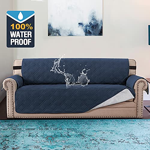 H.VERSAILTEX 100% Waterproof Sofa Cover Protector Couch Covers for Dogs/Pets | Sofa Slipcover for 3 Cushion Couch with Non Slip Backing and Adjustable Strap (Seat Width 68", Navy)