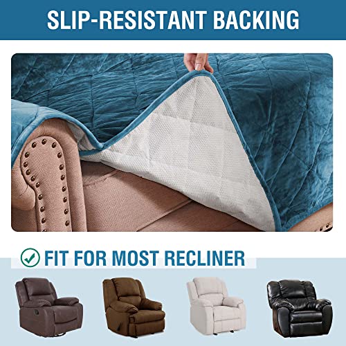 Thick Velvet Quilted Recliner Covers for Recliner Chair Covers Reclining Chair Slipcover Recliner Couch Cover with Non Slip Backing and Wider Elastic Strap (Checked - 79" x 68"- Peacock Blue)