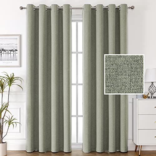 100% Blackout Linen Curtains 84 inches Long Thermal Curtains for Living Room Textured Burlap Curtains with Double Face Linen Grommet Soundproof Bedroom Curtains 52 x 84 Inch, 2 Panels - Sage