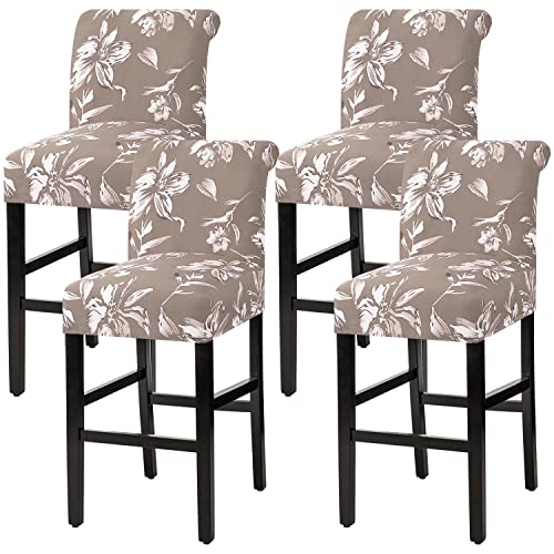 H.VERSAILTEX Stretch Bar Stool Cover Set of 4 Pub Counter Stool Chair Slipcover for Dining Room Cafe Height Side Chairs Feature Modern Floral Printed Design, Taupe