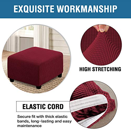 H.VERSAILTEX Square Ottoman Covers Ottoman Slipcovers Folding Storage Stool Furniture Protector Form Fit with Elastic Bottom, Stretch High Spandex Small Checks Jacquard Fabric(Medium,Burgundy Red)