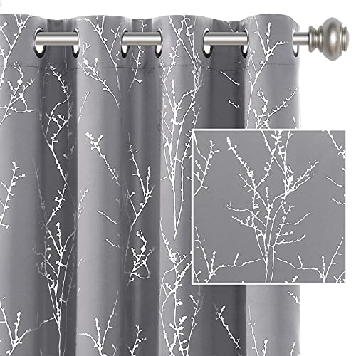 H.VERSAILTEX Blackout Curtains for Bedroom Foil Print Twig Tree Branch Thermal Insulated Grommet Curtain Drapes Light Blocking Thick Soft Window Curtains for Living 52 x 45 Inch Grey 2 Panels