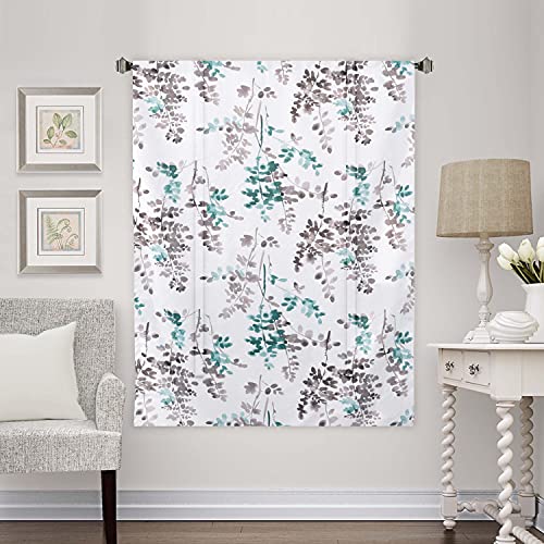 Blackout Tie Up Curtain - Thermal Insulated Balloon Curtain for Small Window Adjustable Kitchen Tie Up Curtain (Floral Pattern in Grey and Turquoise, Rod Pocket Panel, 42 inches W x 63 inches L)