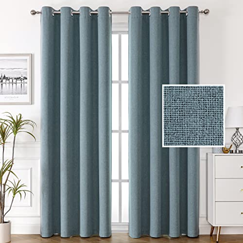100% Blackout Linen Curtains 96 inches Long Thermal Curtains for Living Room Textured Burlap Curtains with Double Face Linen Grommet Soundproof Bedroom Curtains 52 x 96 Inch, 2 Panels - Stone Blue