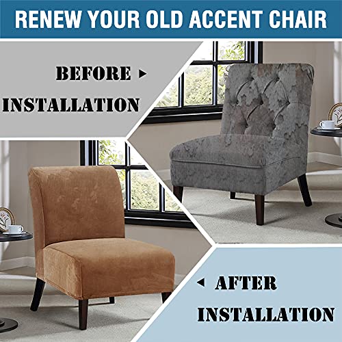 Armless Chair Slipcover Thick Striped Velvet Accent Chair Cover for Living Room High Stretch Slipper Chair Slipcover Removable Furniture Protector with Elastic Bottom, Machine Washable, Camel