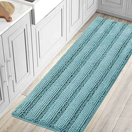 Bath Rugs for Bathroom Non Slip Bath Mats Extra Thick Chenille Striped Bath Rug Runners Oversized 59" x 20" Absorbent Fluffy Soft Shaggy Mats Dry Fast Plush Area Carpet for Bath Room - Aqua Haze