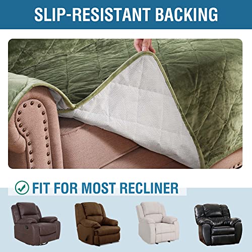 Thick Velvet Quilted Recliner Covers for Recliner Chair Covers Reclining Chair Slipcover Recliner Couch Cover with Non Slip Backing and Wider Elastic Strap (Checked - 79" x 68"- Loden)