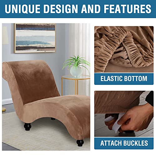 Chaise Lounge Cover Velvet Chaise Lounge Couch Cover High Stretch Chaise Lounge Slipcover Luxury Lounge Chair Cover for Living Room Soft Furniture Protector for Dog, Machine Washable, Camel