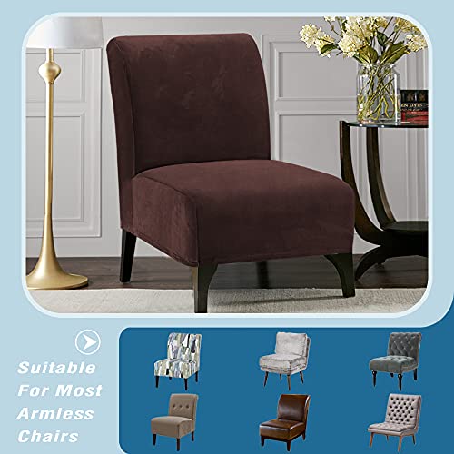 Armless Chair Slipcover Thick Striped Velvet Accent Chair Cover for Living Room High Stretch Slipper Chair Slipcover Removable Furniture Protector with Elastic Bottom, Machine Washable, Chocolate