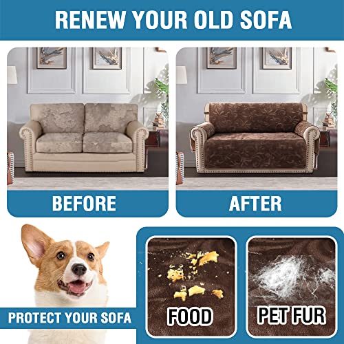 Sofa Slipcover 100% Waterproof Sofa Cover Couch Cover Premium Velvet Classic Flower Pattern Furniture Protector Non Slip with Elastic Straps for Pets Dogs Width Up to 52 Inch (Medium Sofa, Chocolate)