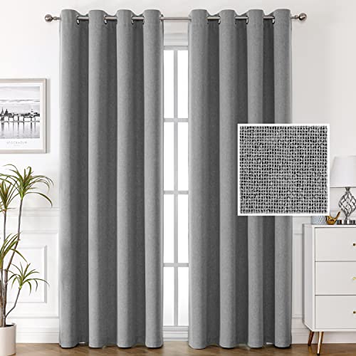 100% Blackout Linen Curtains 96 inches Long Thermal Curtains for Living Room Textured Burlap Curtains with Double Face Linen Grommet Soundproof Bedroom Curtains 52 x 96 Inch, 2 Panels - Grey