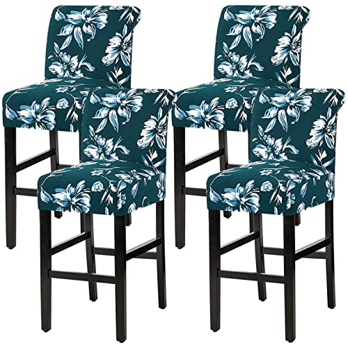 H.VERSAILTEX Stretch Bar Stool Cover Set of 4 Pub Counter Stool Chair Slipcover for Dining Room Cafe Height Side Chairs Feature Modern Floral Printed Design, Dark Teal