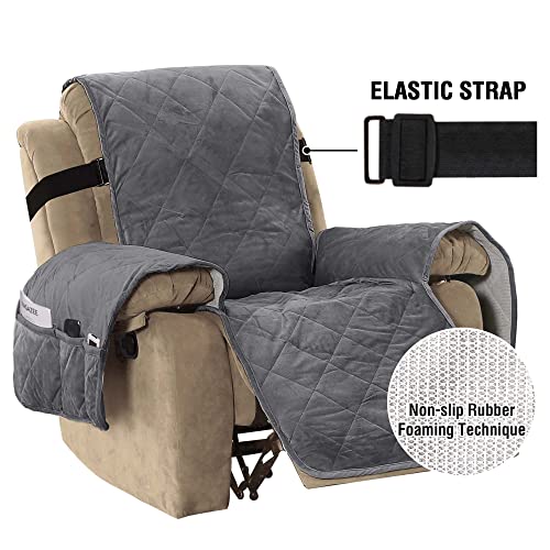 Thick Velvet Quilted Recliner Covers for Recliner Chair Covers Reclining Chair Slipcover Recliner Couch Cover with Non Slip Backing and Wider Elastic Strap (Checked - 79" x 68"- Grey)