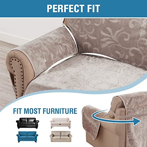 Sofa Slipcover 100% Waterproof Sofa Cover Couch Cover Premium Velvet Classic Flower Pattern Furniture Protector Non Slip with Elastic Straps for Pets Dogs Width Up to 52 Inch (Medium Sofa, Taupe)