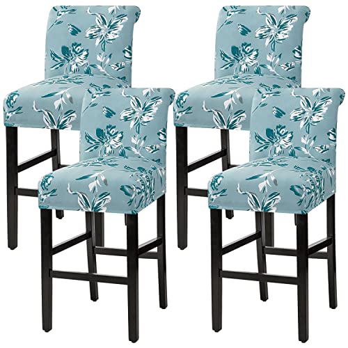 H.VERSAILTEX Stretch Bar Stool Cover Set of 4 Pub Counter Stool Chair Slipcover for Dining Room Cafe Height Side Chairs Feature Modern Floral Printed Design, Aqua