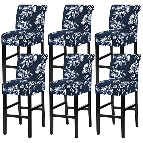 H.VERSAILTEX Stretch Bar Stool Cover Set of 6 Pub Counter Stool Chair Slipcover for Dining Room Cafe Height Side Chairs Feature Modern Floral Printed Design, Navy