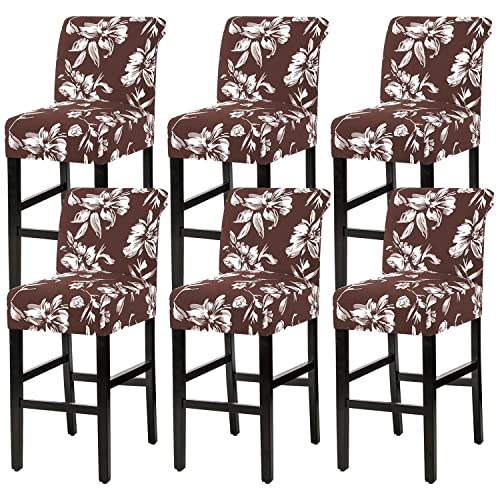 H.VERSAILTEX Stretch Bar Stool Cover Set of 6 Pub Counter Stool Chair Slipcover for Dining Room Cafe Height Side Chairs Feature Modern Floral Printed Design, Chocolate