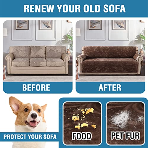 Sofa Slipcover 100% Waterproof Sofa Cover Couch Cover Premium Velvet Classic Flower Pattern Furniture Protector Non Slip with Elastic Straps for Pets Dogs Width Up to 72 Inch (Large Sofa, Chocolate)