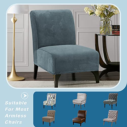 Armless Chair Slipcover Thick Striped Velvet Accent Chair Cover for Living Room High Stretch Slipper Chair Slipcover Removable Furniture Protector with Elastic Bottom, Machine Washable, Stone Blue