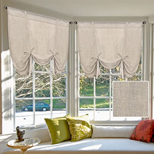 H.VERSAILTEX Tie Up Linen Curtains 63 Inch Length Nature Linen Textured Privacy Curtain Multi Hanging Ways Shade Balloon Window Shade Rod Pocket Casual Curtain - 42x63 - 2 Panels, Angora