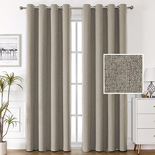 100% Blackout Linen Curtains 84 inches Long Thermal Curtains for Living Room Textured Burlap Curtains with Double Face Linen Grommet Soundproof Bedroom Curtains 52 x 84 Inch, 2 Panels - Taupe