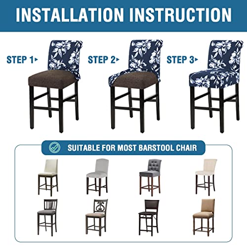 H.VERSAILTEX Stretch Bar Stool Cover Set of 6 Pub Counter Stool Chair Slipcover for Dining Room Cafe Height Side Chairs Feature Modern Floral Printed Design, Navy