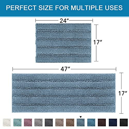 2 Piece Bathroom Set Bathroom Rugs and Mats Sets Absorbent Chenille Bath Mats Non Skid Machine Wash Dry Rugs for Bathroom Floor(Stone Blue, 47 x 17 Plus 17 x 24 - Inches)